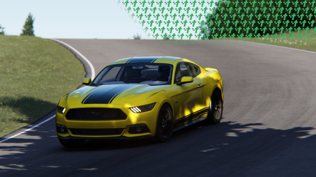 Mustang_Ahvenisto Sim racing screenshot of a Mustang racing on Ahvenisto.