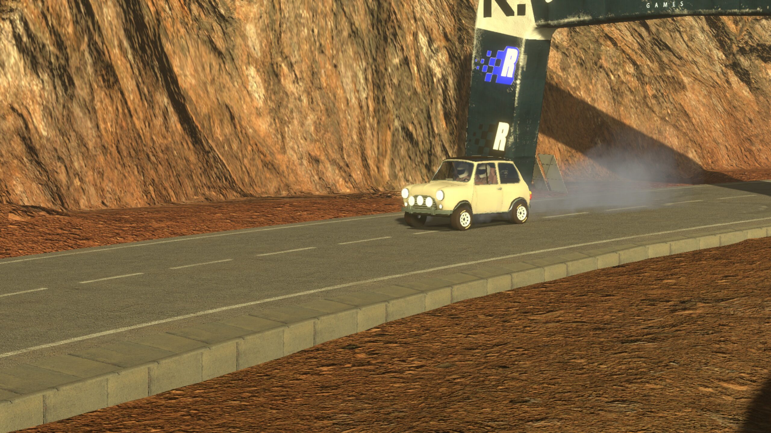 Rally Arcade Classic's fake Mini Cooper just after the start line of a time attack