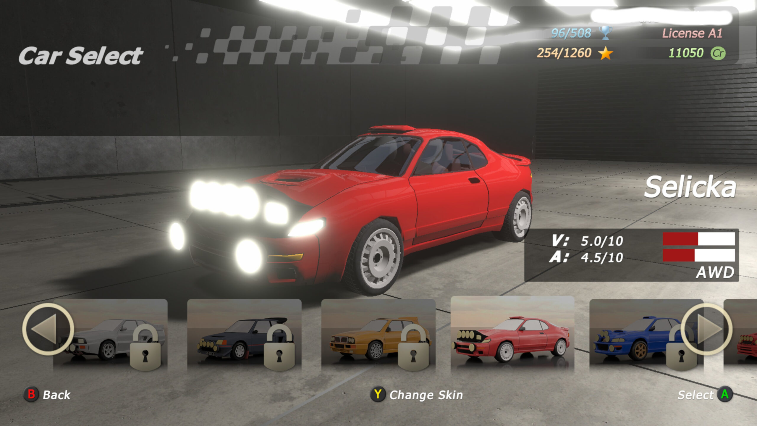 Rally Arcade Racing screenshot of the car selection screen on the games' fake Toyota Celica