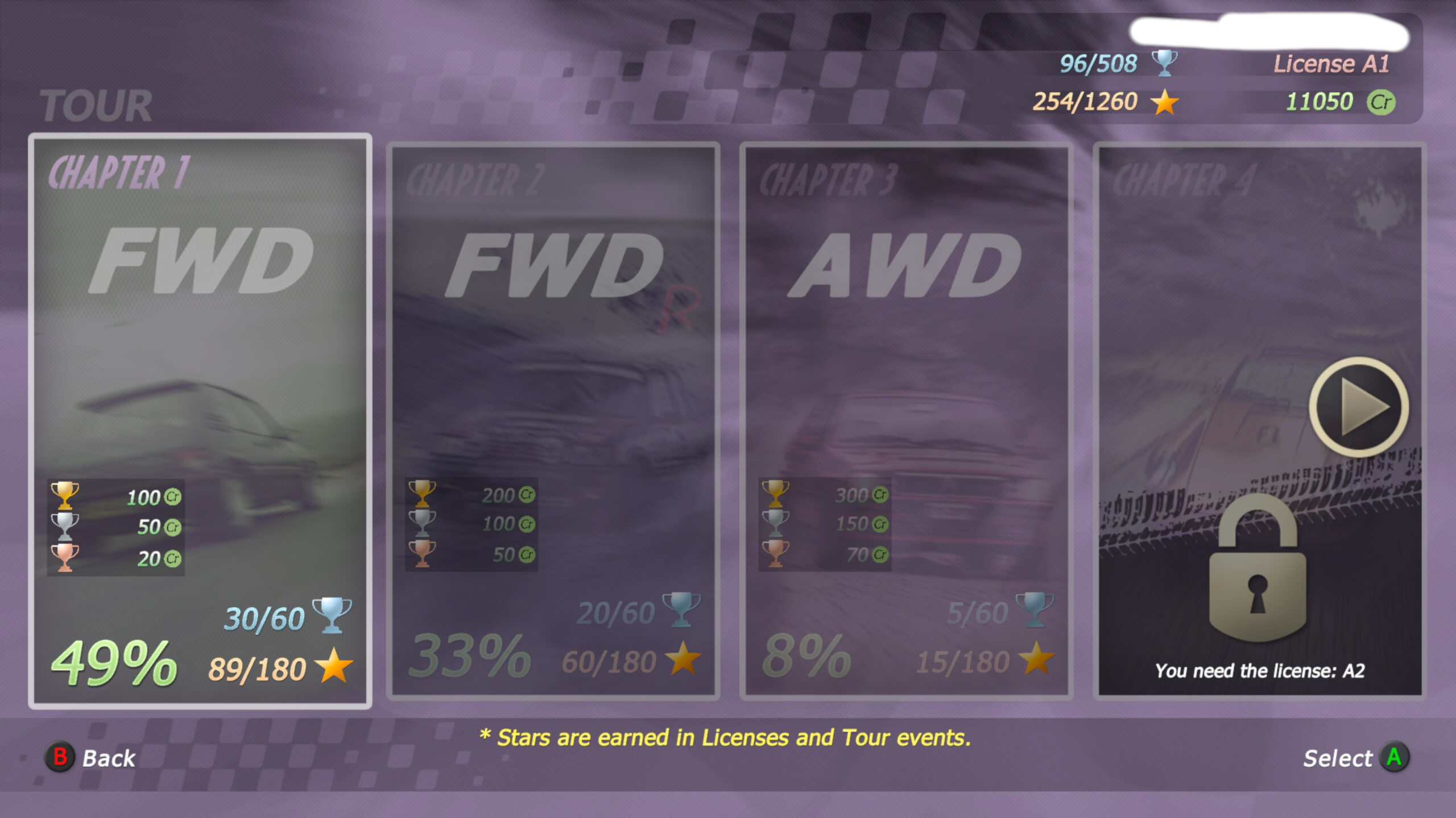 Menu of Rally Arcade Classics showing the Tour-function