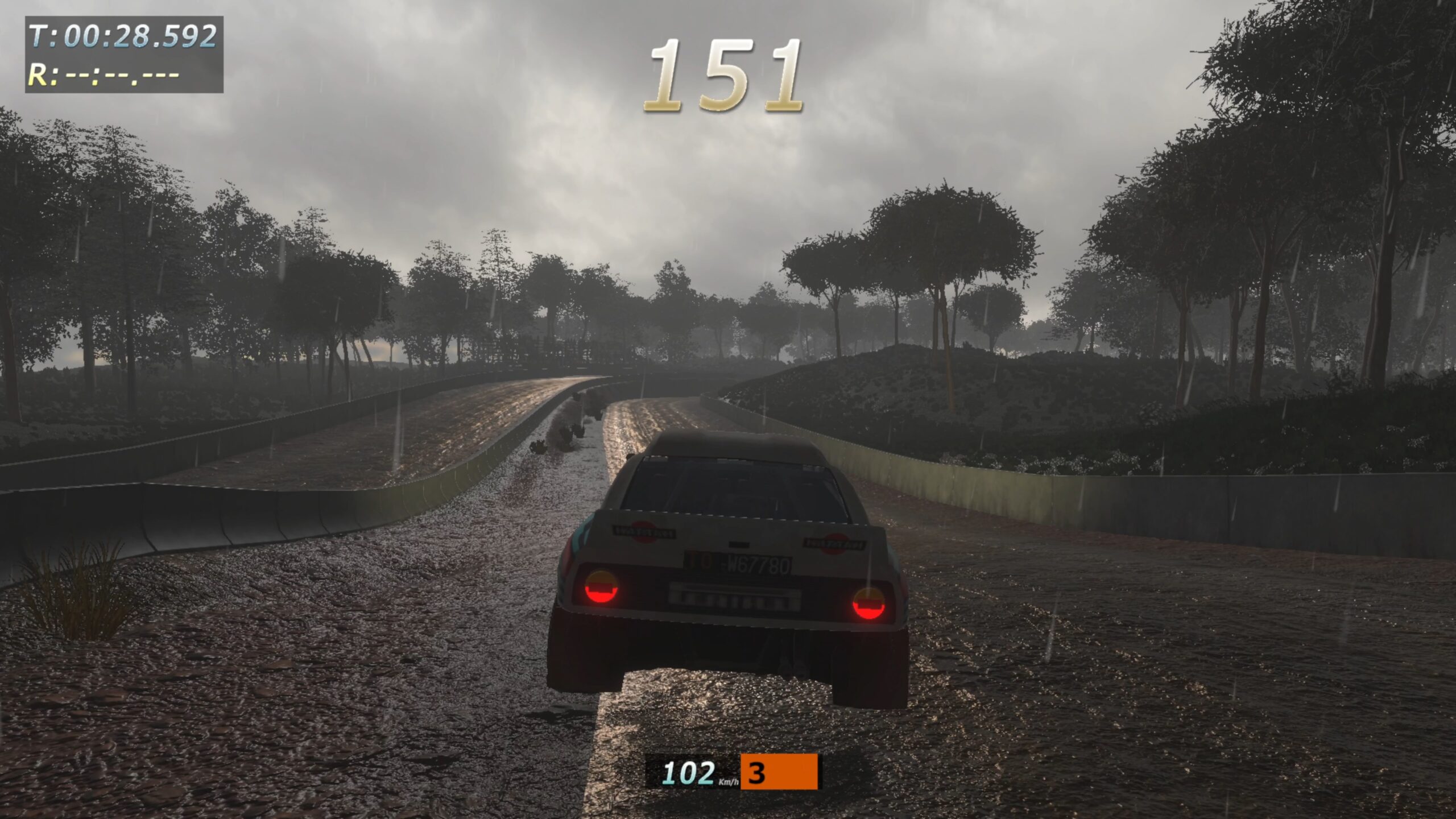 Rally Arcade Classic's interpretation of the Lancia Stratos racing on a rainy 'Race of Champions'-style stage