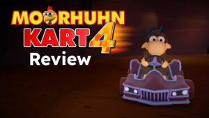 Screenshot of Moorhuhn Kart 4 overlaid with the title logo and the word "Review"