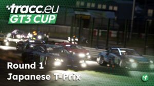 YouTube thumbnail for tracc.eu GT3 Cup Round 1 Japanese T-Prix depicting several GT3 cars racing in the night at Suzuka Circuit