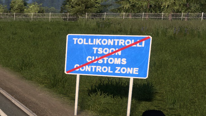 Euro Truck Simulator 2 screenshot of a border checkpoint or customs naviational shield. The author of the article just likes the word "Tollikontrolli", which is the first word for customs written on the shield.